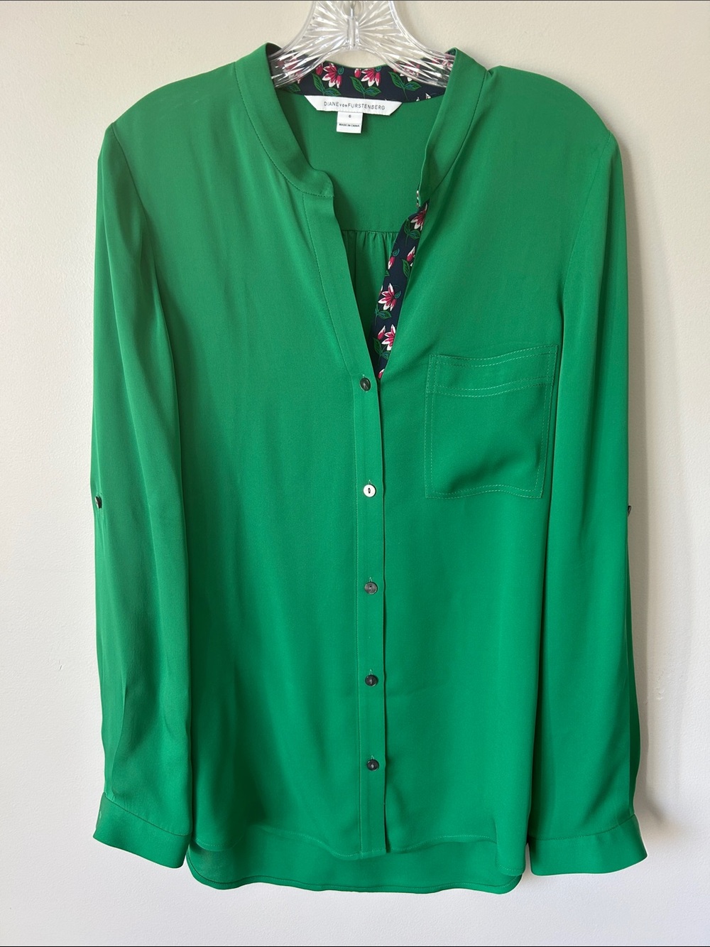 Green Split-Neck Button Front Silk Blouse - Diane von Furstenberg